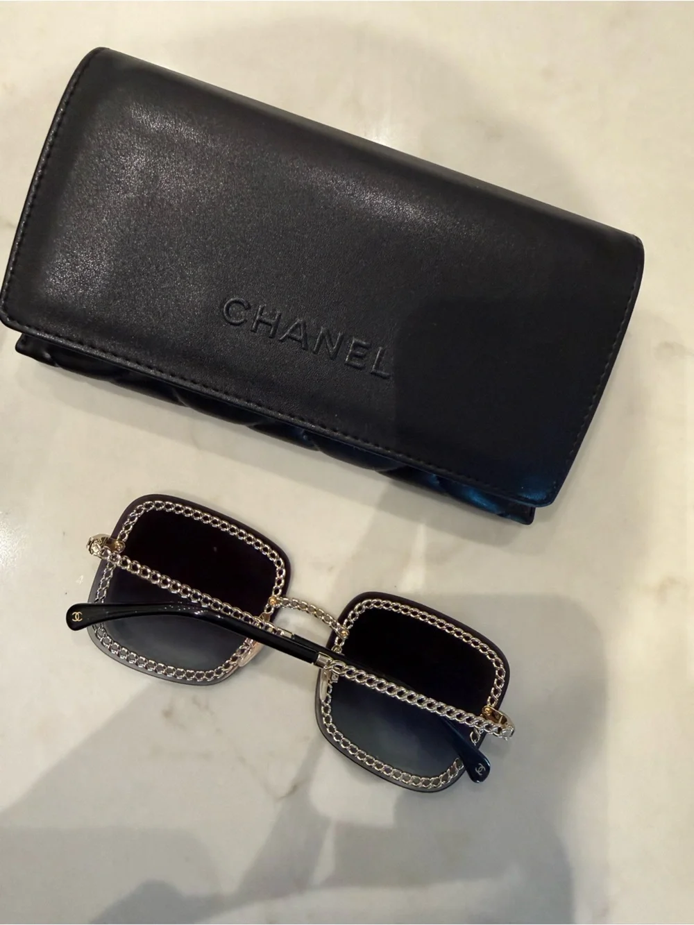 CHANEL Black Quilted Frame Sunglasses with Quilted Case